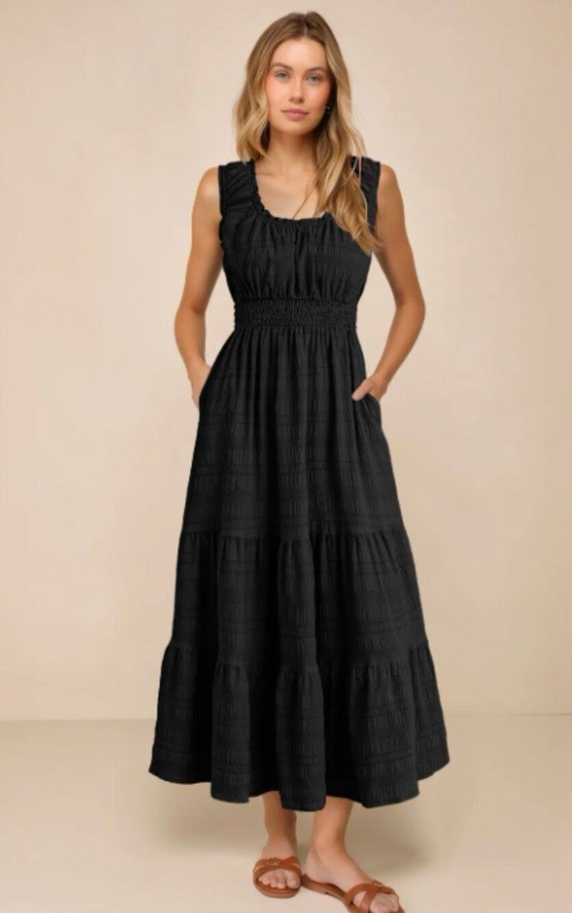 Hannah Banana Deep gray tiered crepe square neck sleeveless dress - M